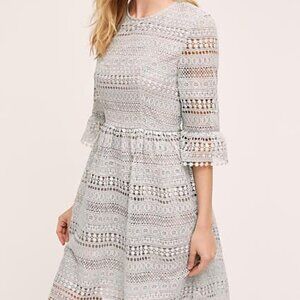 Anthropologie HD in Paris Folie 3/4 bell sleeve Crochet Flare dress Gray LARGE